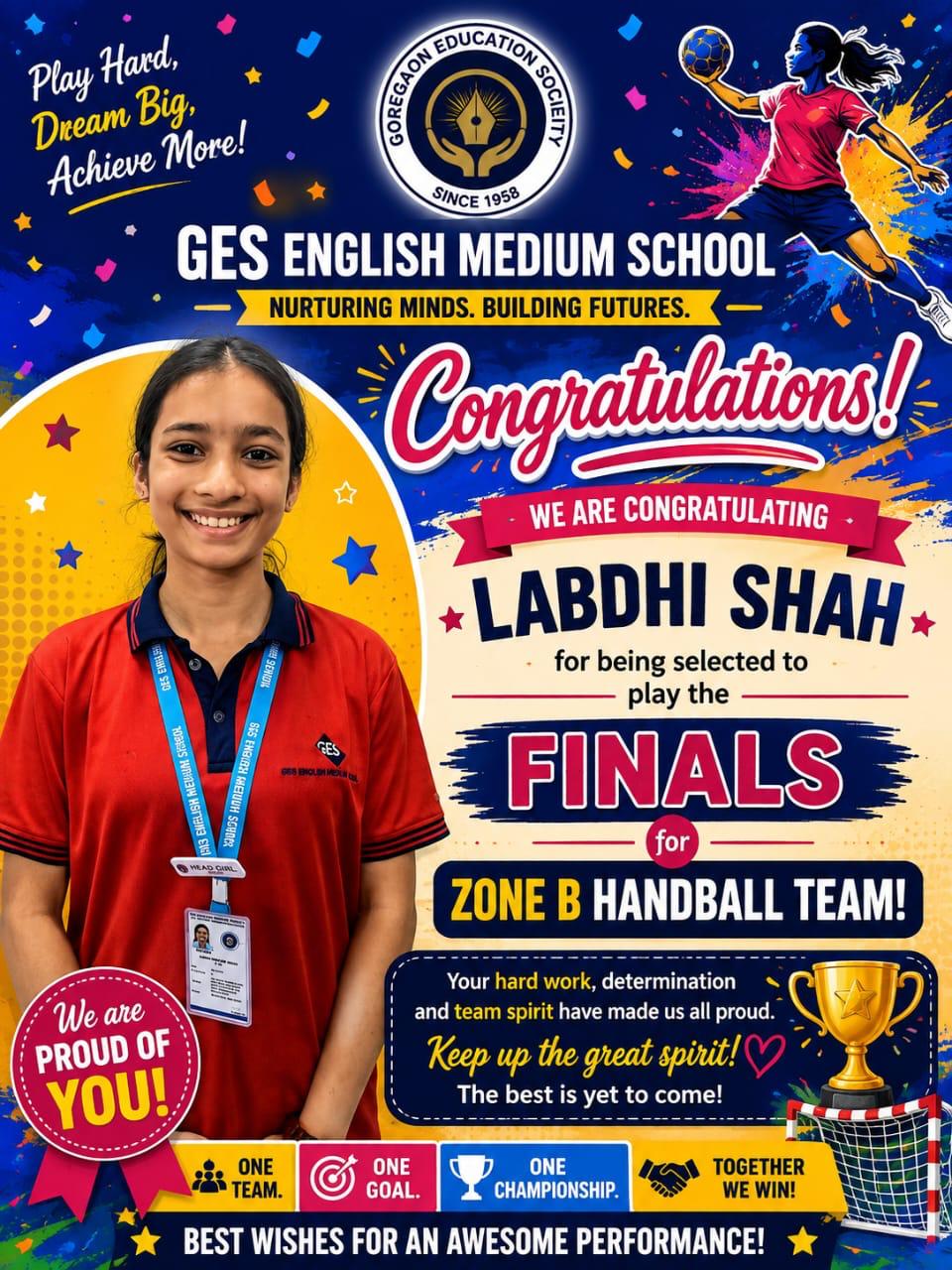 Labdhi Shah selected to play Finals in Zone B Handball Team